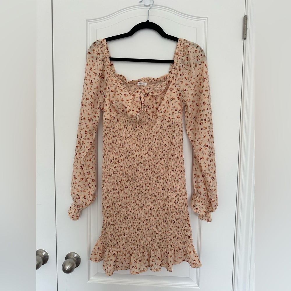 Pink Blush Cream Floral Long Sleeve Smocked Maternity Mini Dress